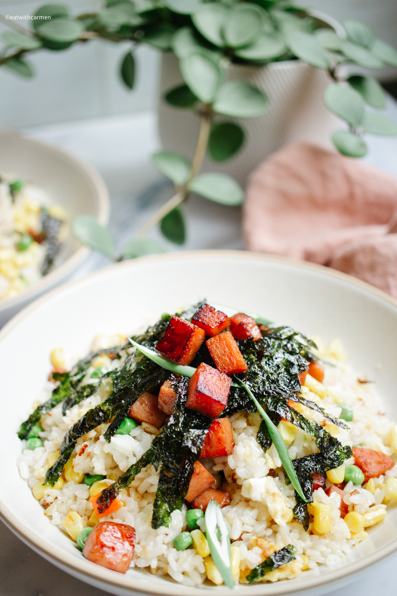 Rice with spam, eggs, corn, carrots, peas and nori