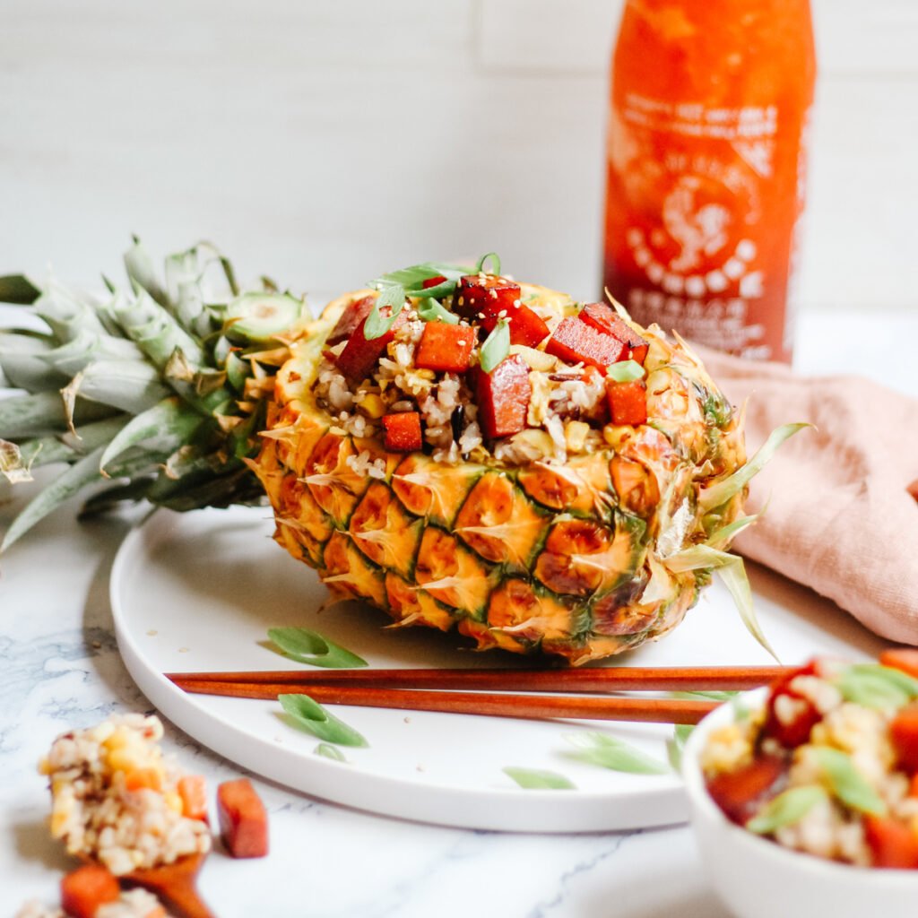 pinapple spam fried rice with sriracha