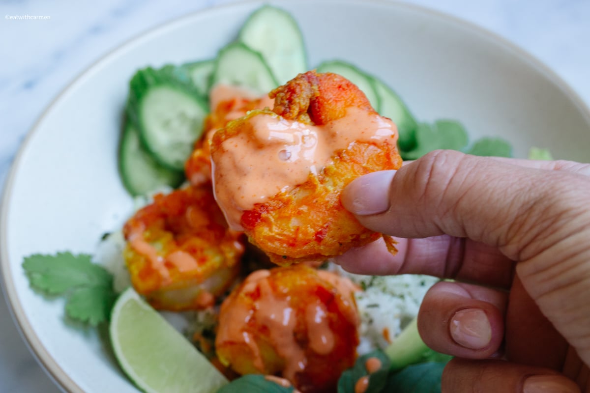prawn bowl with avocado and spicy mayo