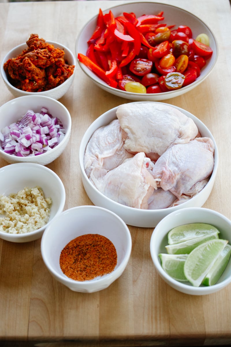 Ingredients for one-pot Spanish chicken and rice