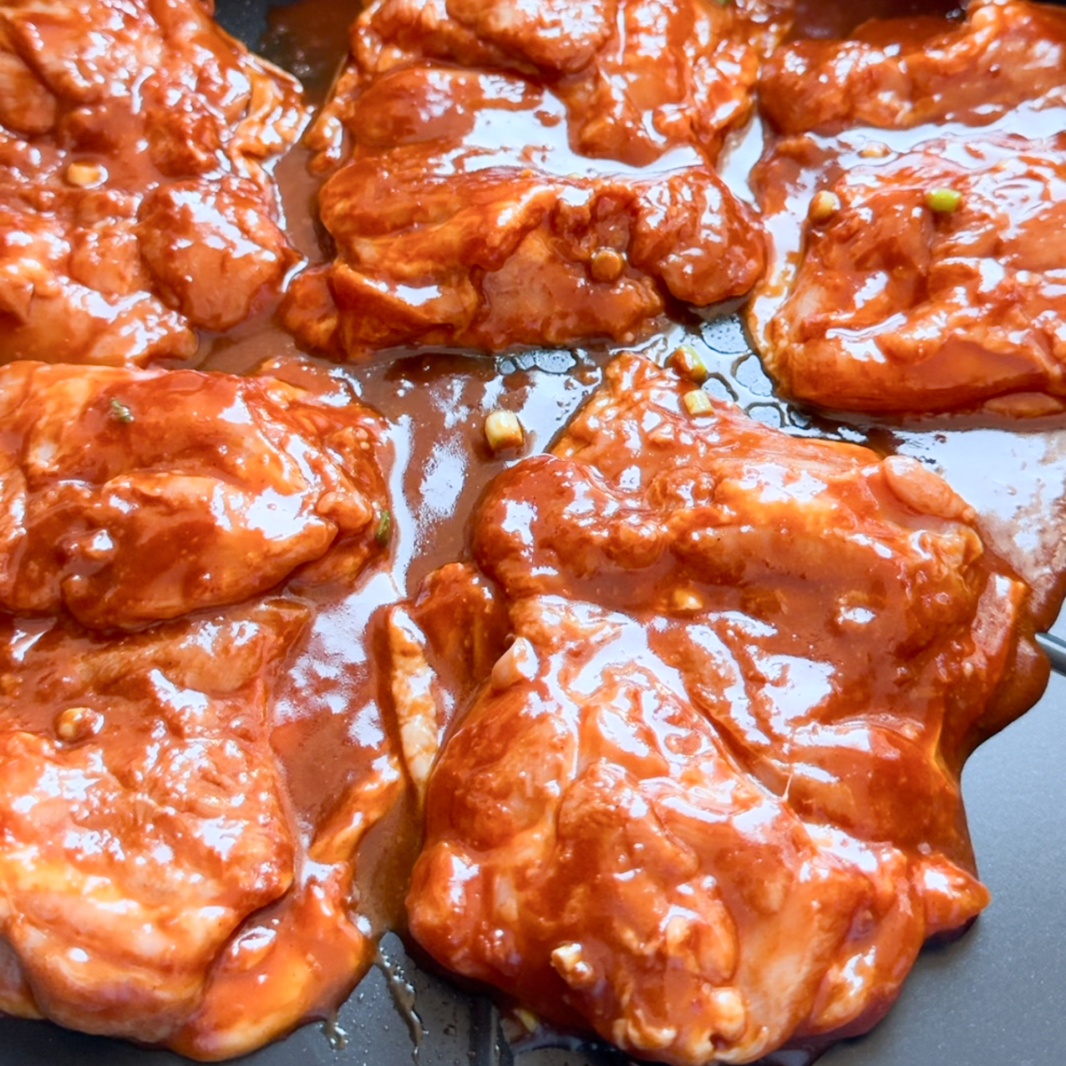 honey gochujang chicken skind side down